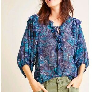 Anthropologie Haida Boho Peasant Blue Floral Semi Sheer Blouse Women’s Size S